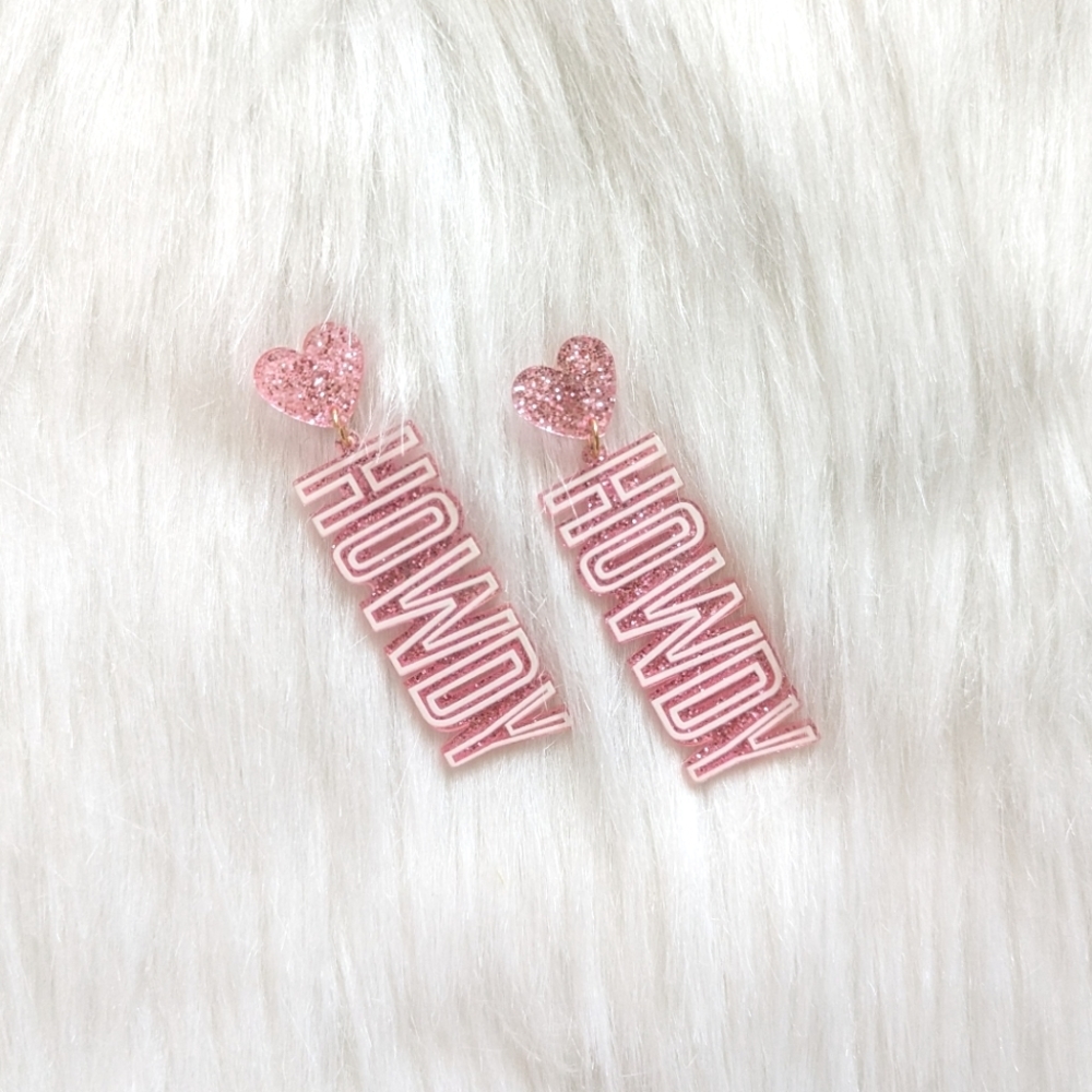 Pink and white western glitter heart howdy charm resin earrings